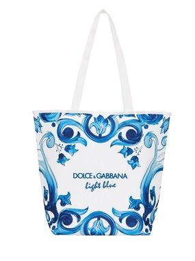 Dolce & Gabbana White Tote with Blue Baroque Floral Print